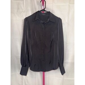 Boston Proper Black Button Up Puff Sleeve Collared Blouse Womens Size S